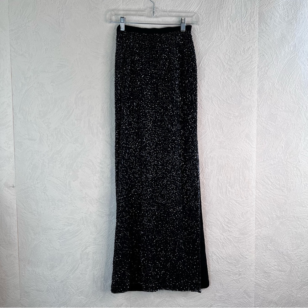 Cache Vintage 100% Silk Women's Black Glitter Maxi Skirt Size 2